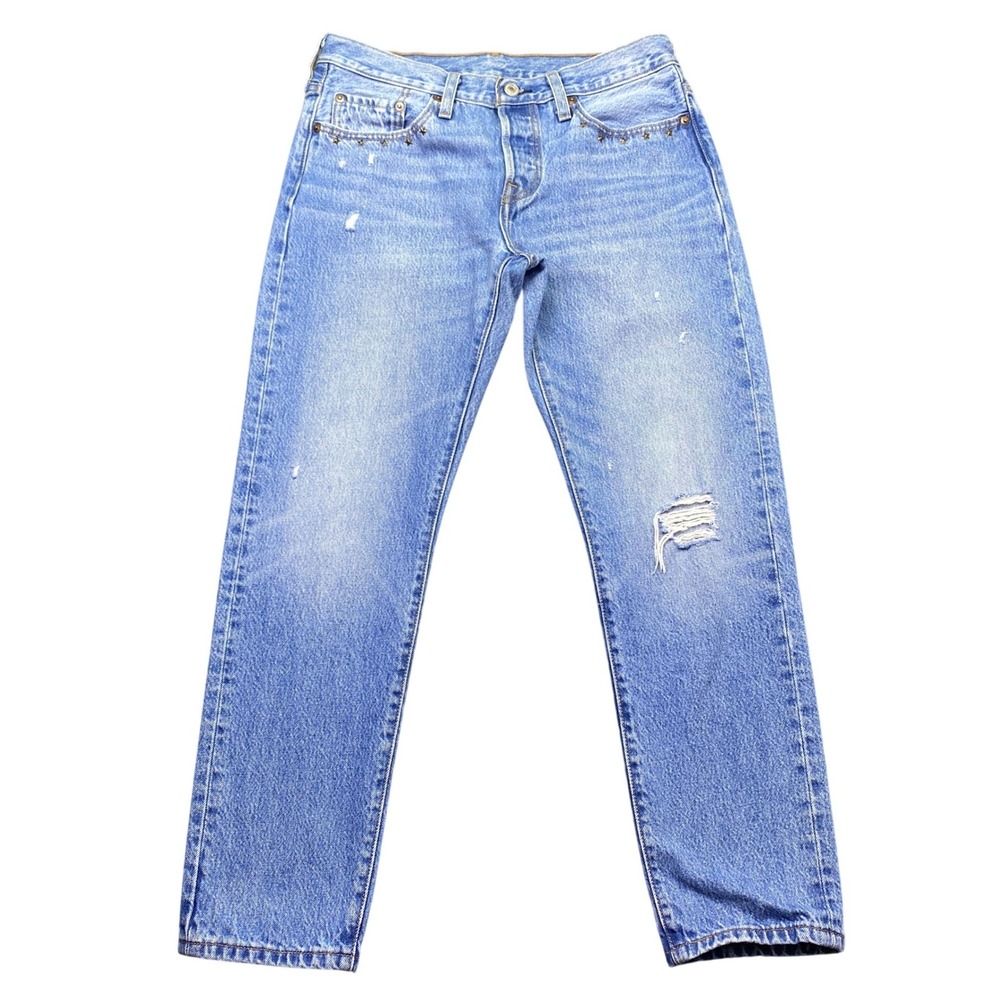 Levis 501 T Tapered Light Wash Distressed Star Studded Jeans Sz 28 Grunge Retro